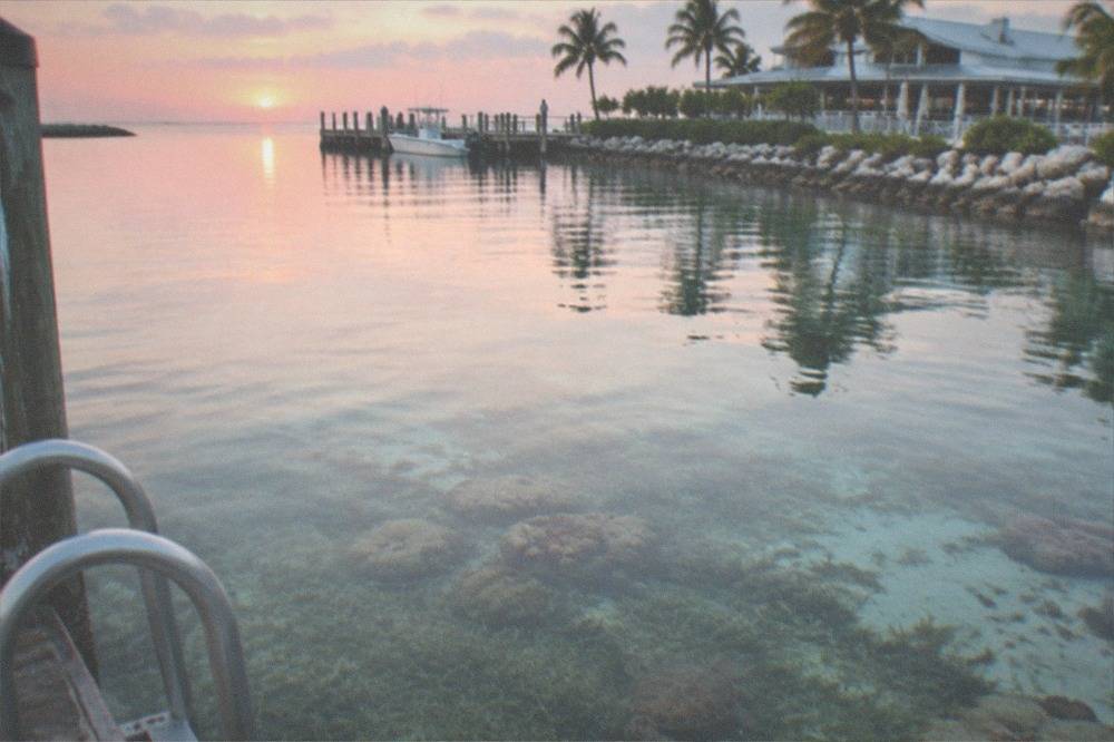 Clear water over a shallow Keys flat with seagrass and scattered coral heads visible