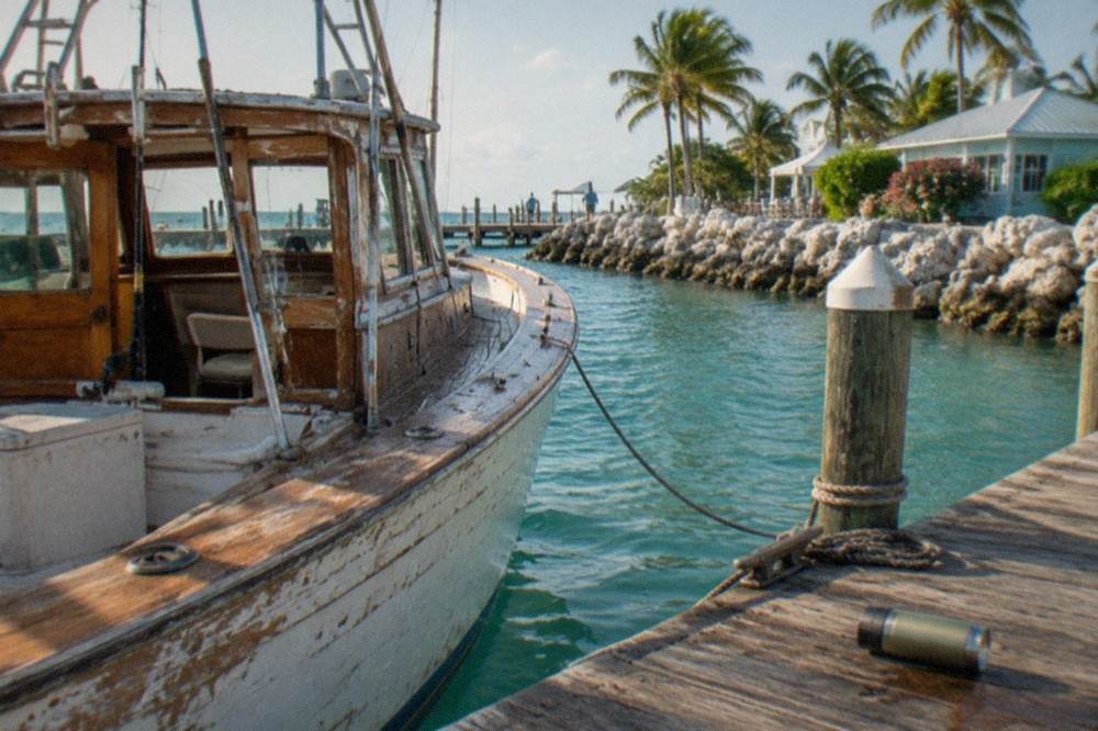 An old wooden sportfishing boat moored at a weathered dock beside turquoise harbor water.