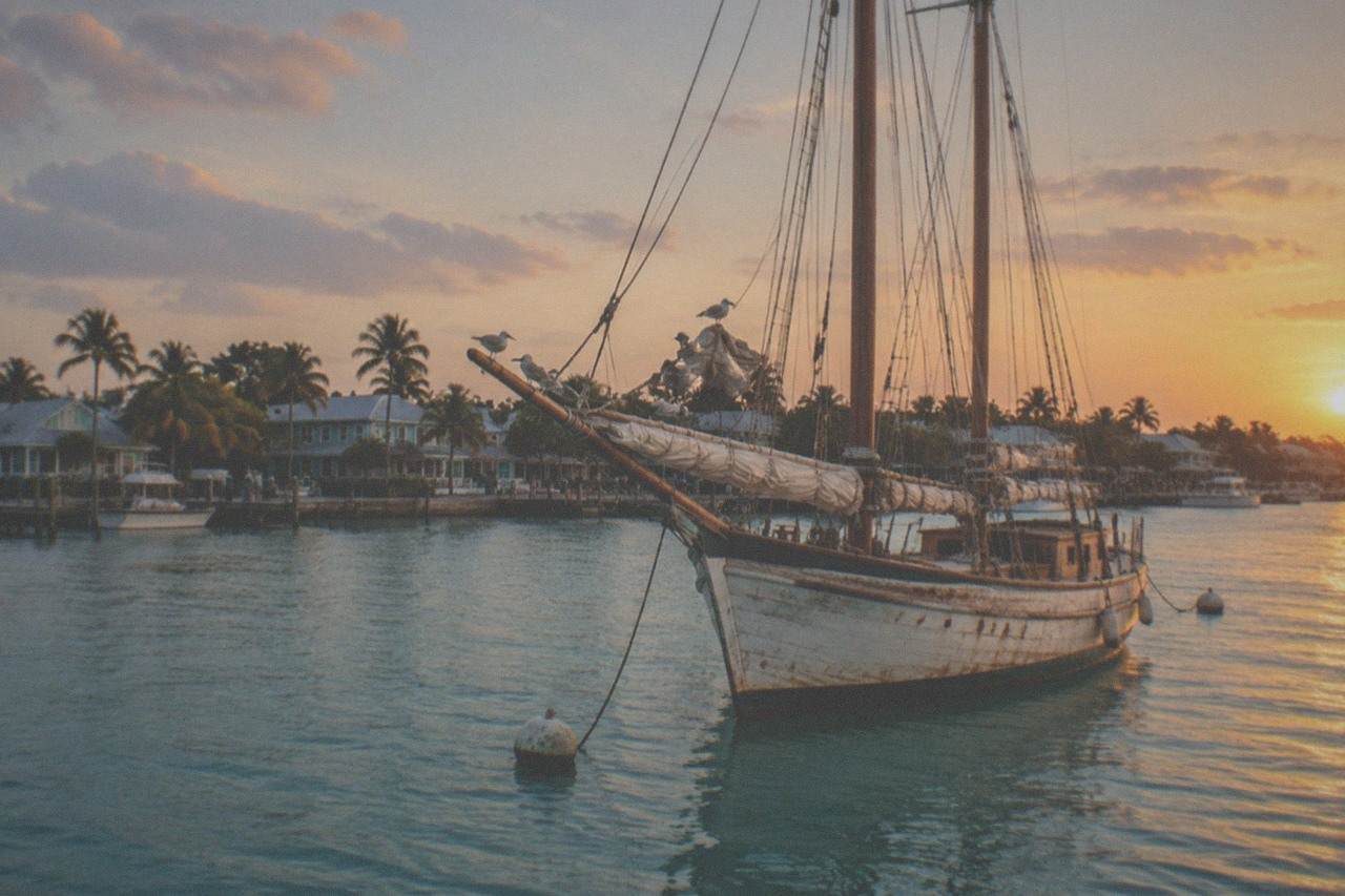 An old wooden fishing schooner anchored in calm turquoise water near Key West at golden hour