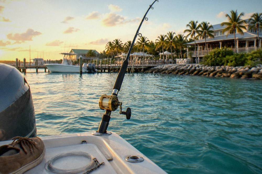 A bent fishing rod at the transom of a charter boat with turquoise water behind it