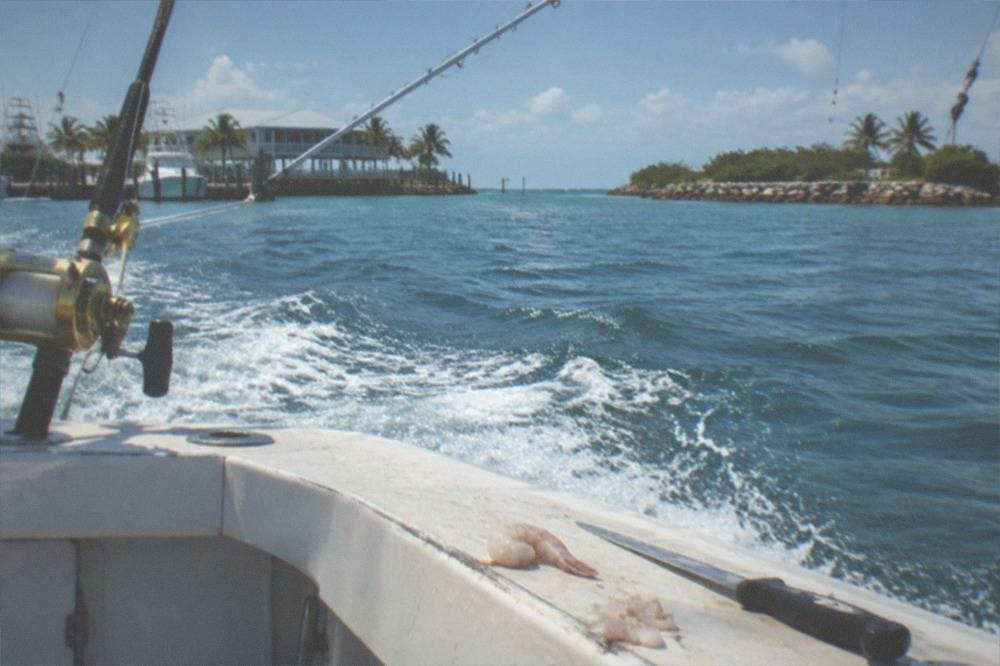 A sportfishing boat running across open blue water with outriggers deployed