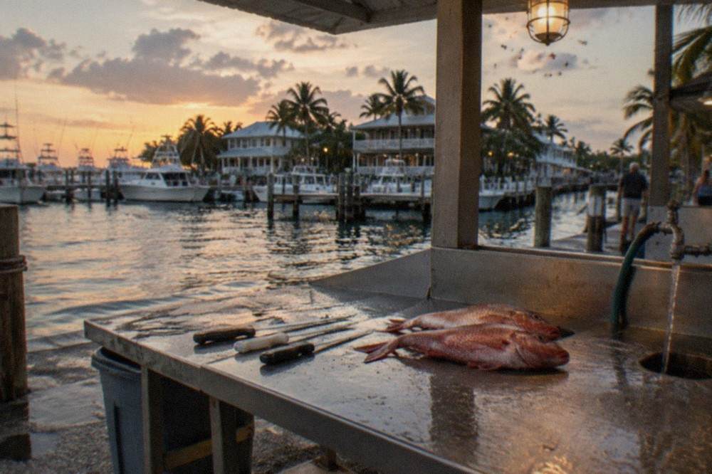 A dockside cleaning station with fillet knives and fresh fish ready for cleaning