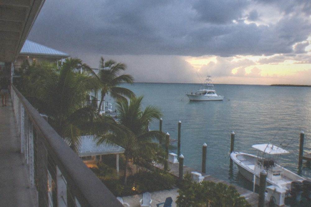 A charter boat anchored over calm reef water with rods in holders along the rail