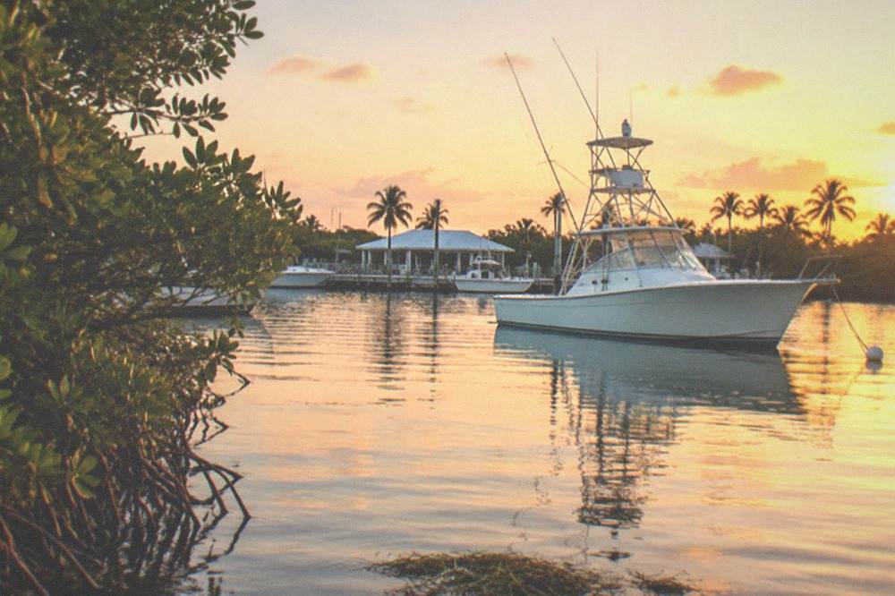 A private fishing charter boat at anchor near mangrove keys in the Key West backcountry at golden hour