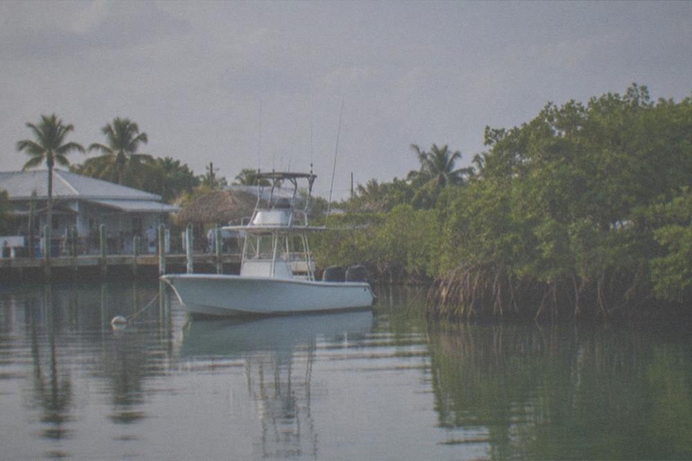 Fishing boat anchored near a low mangrove key in calm backcountry water