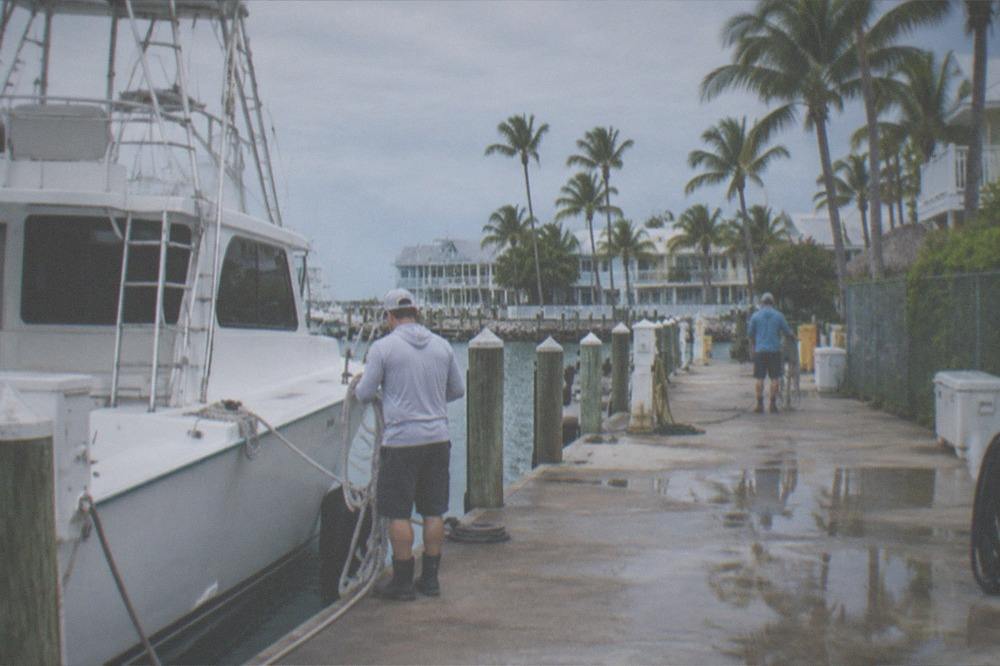 Fishing charter boat tied up at a Key West marina dock with palm trees in the background